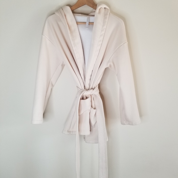 FABLETICS Lexie Hooded  Fleece Belted Ivory Tapioca Sweatshirt - Picture 3 of 12